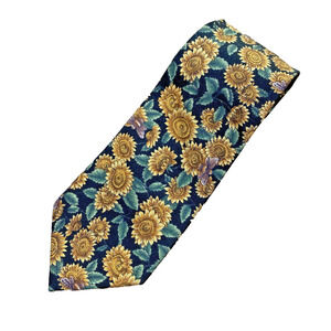 Beans Mcgee Necktie Navy Blue Yellow Sunflower Tie Men's 100% Cotton Novelty Tie